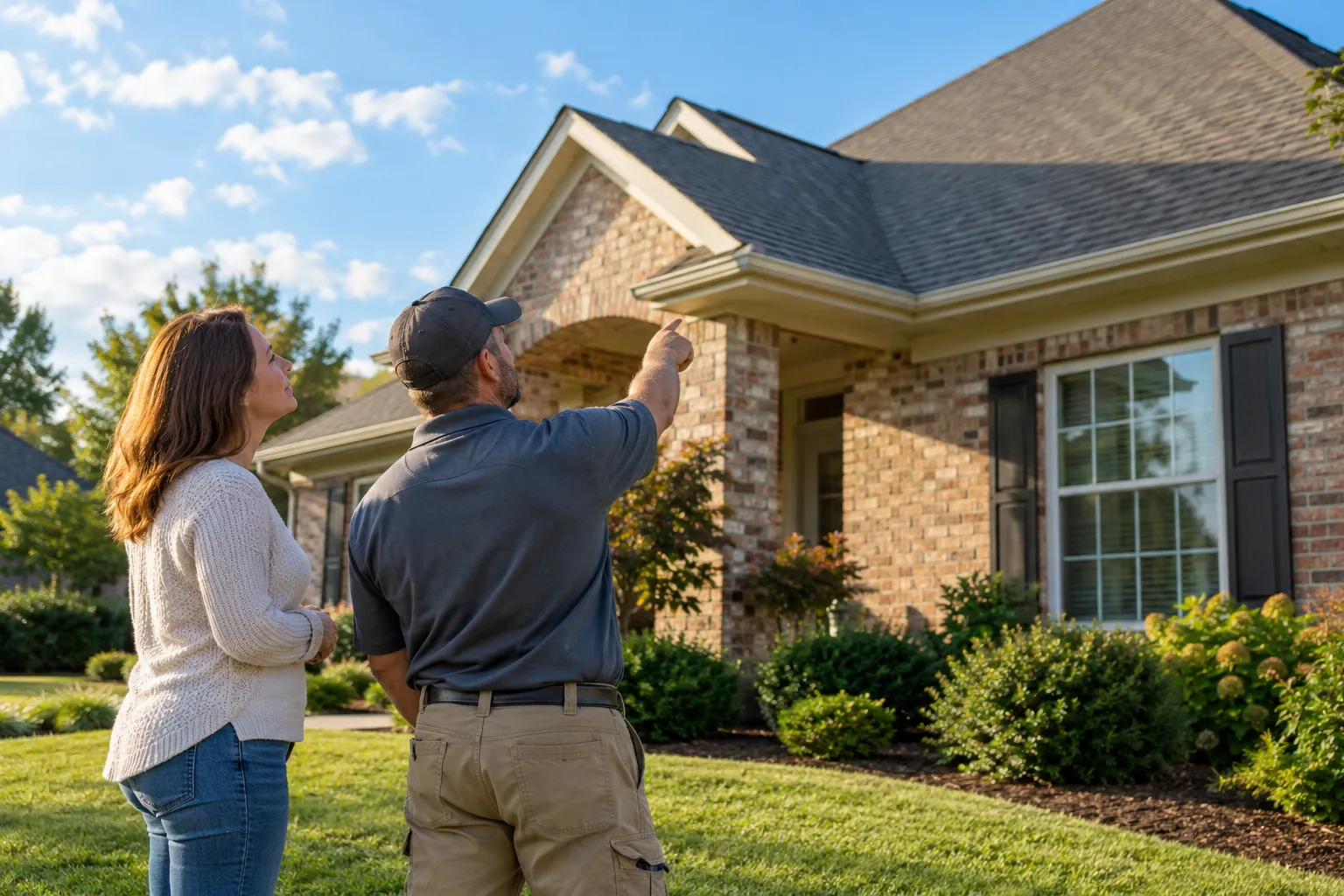 A homeowner and a roofing provider looking up at a house roof in Atlanta